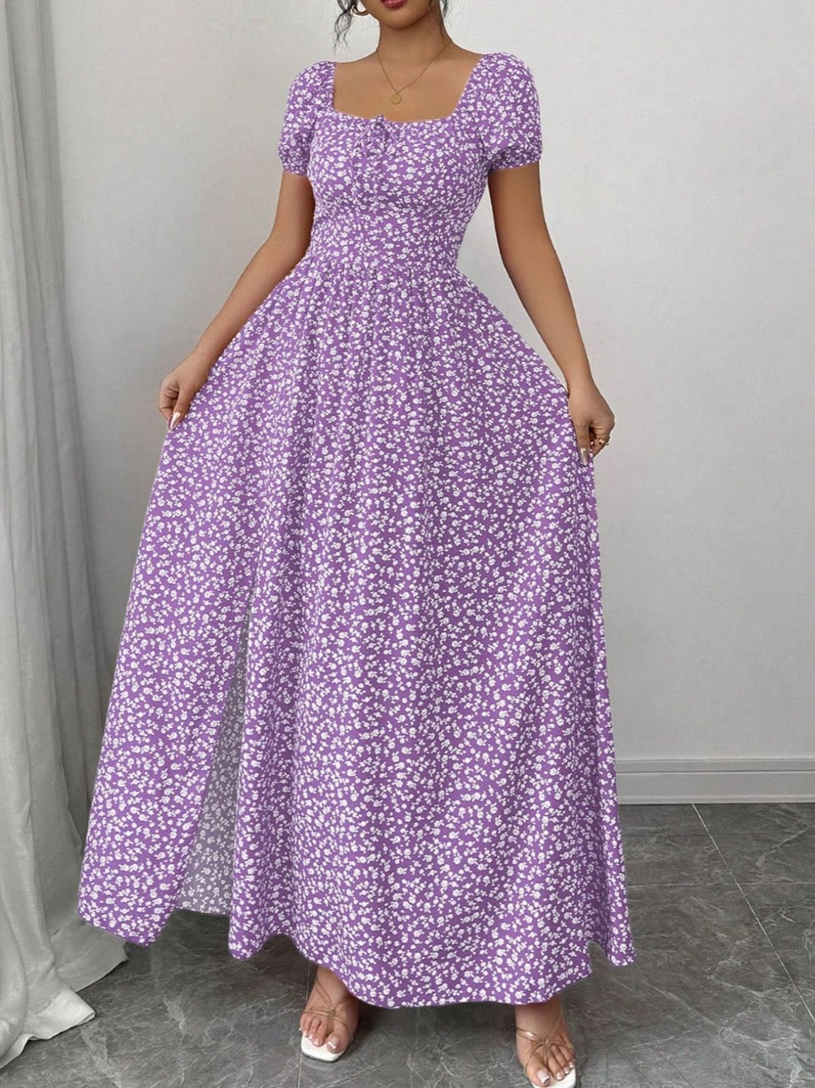 European and American Style Cross-Border Square Neck Puff Sleeve Floral Long Dress for Export