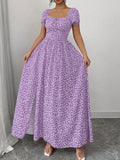 European and American Style Cross-Border Square Neck Puff Sleeve Floral Long Dress for Export