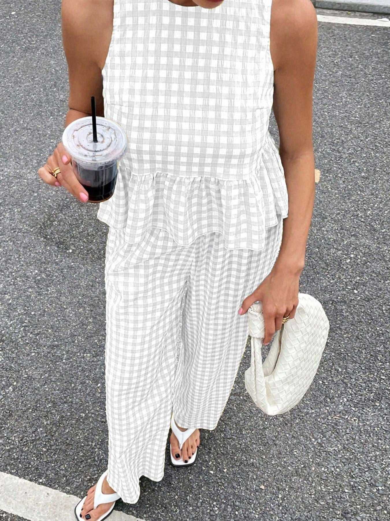 2026 European and American Fashion Casual Two-Piece Set with Sleeveless Round-Neck Ruffled Hem Top and High-Waisted Straight-Leg Pants