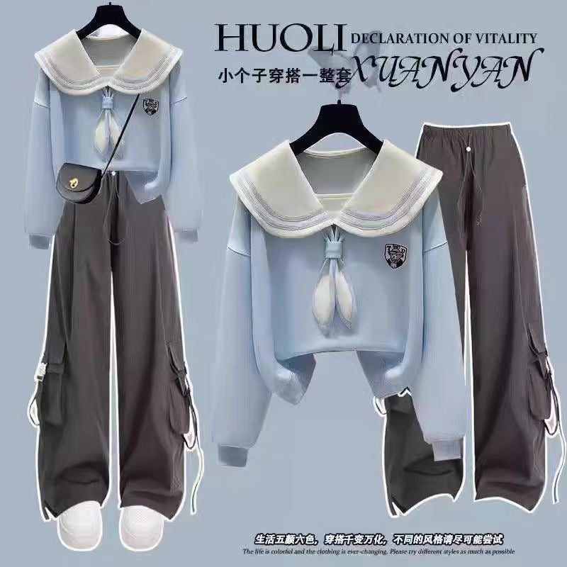 Fashion suit #contrast navy collar fake two-piece loose slim top with designer pocket casual pants