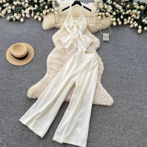 Premium Commuter Style Halter Neck Vest and Wide-Leg Pants Two-Piece Set for Women, Summer Open-Back Waist-Cinching Slimming Fashion Set