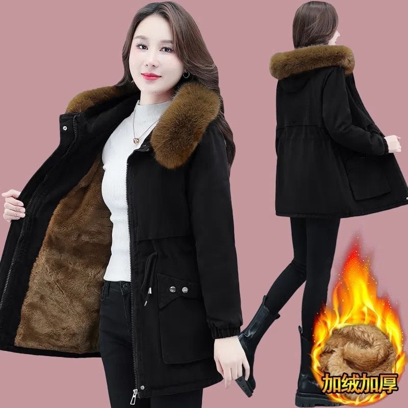 Cotton coat young mother winter parka mid-length new women's loose plus velvet lamb down thickened coat