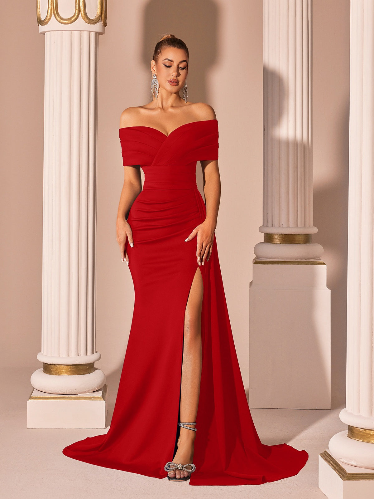 New One-Shoulder Satin Solid Color Evening Dress Slim-Fitting Slit Fishtail Dinner Party Host Accessible Luxury Dress