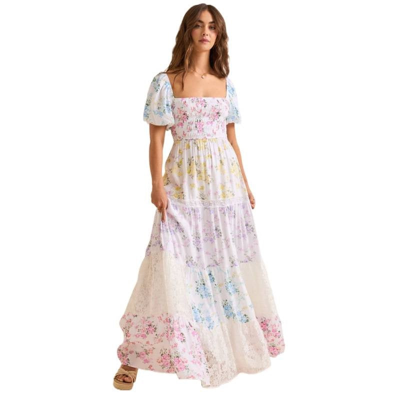 Tiktok Cross-Border European and American Style Spring and Summer New Puff Sleeve Printed Lace Tube Top with Pleated Flared Skirt Women's Clothing