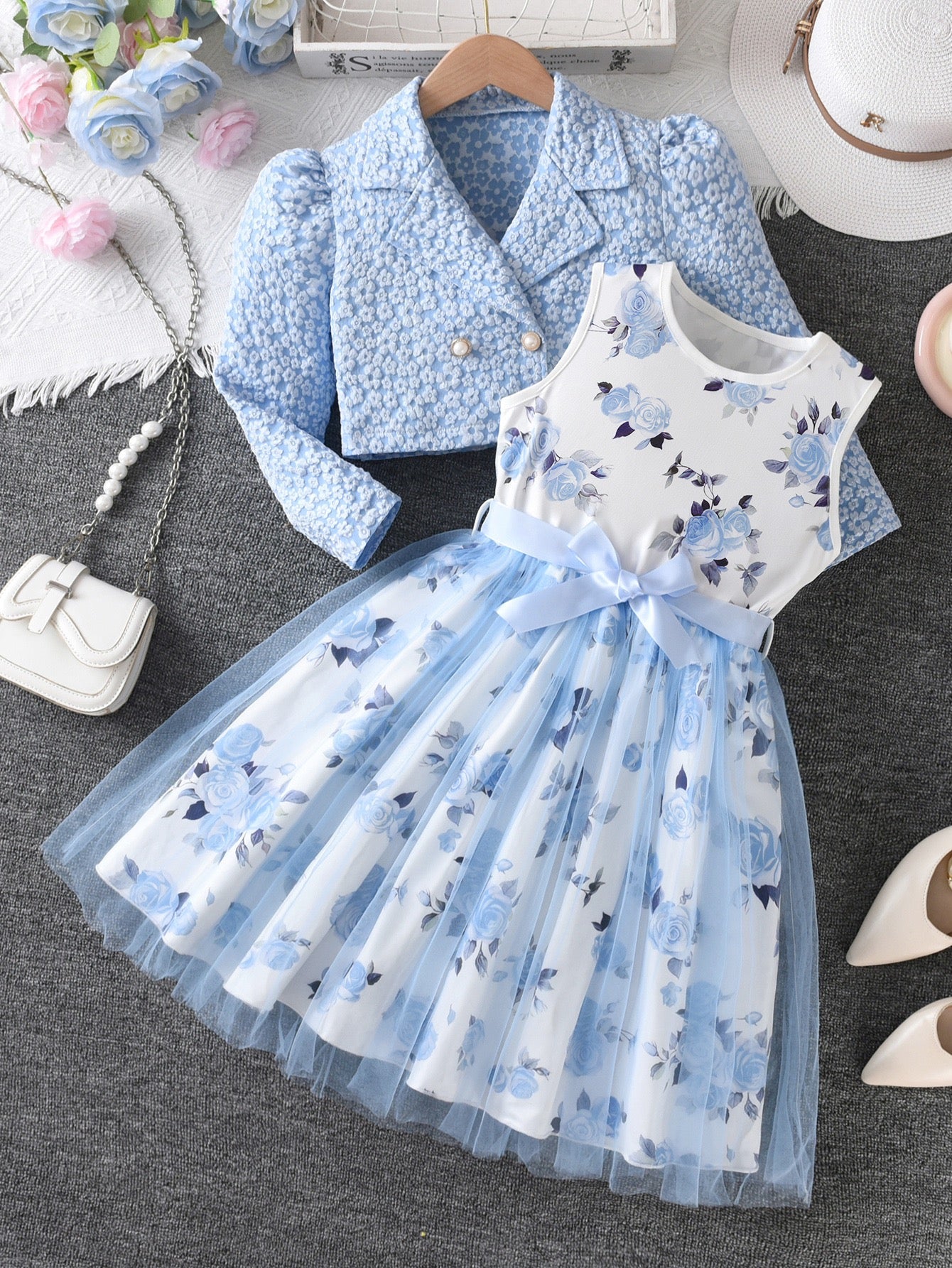 Cross-Border Girls Two-Piece Sky Blue Floral Jacket Rose Print Mesh Dress Princess Style