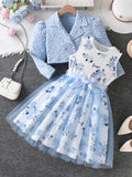 Cross-Border Girls Two-Piece Sky Blue Floral Jacket Rose Print Mesh Dress Princess Style