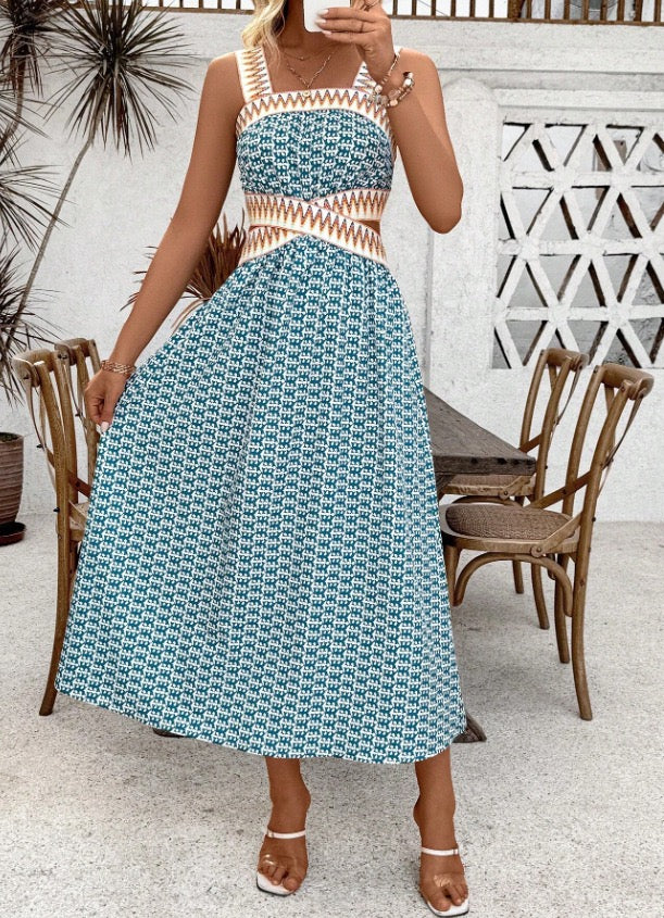 2025 Summer New Style Tube Top Backless Suspender Dress Retro Printed Long Skirt Cross-Border Foreign Trade Amazon Style for Women