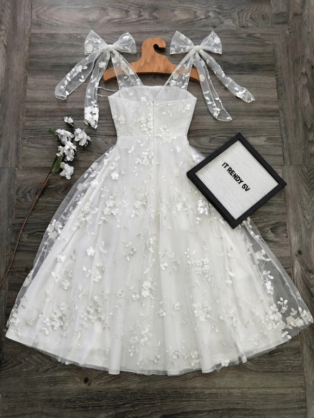 Women's New Summer Elegant and Romantic Midi Dress with Mesh Embroidery Fabric, Tie Waist, and Fitted Waist