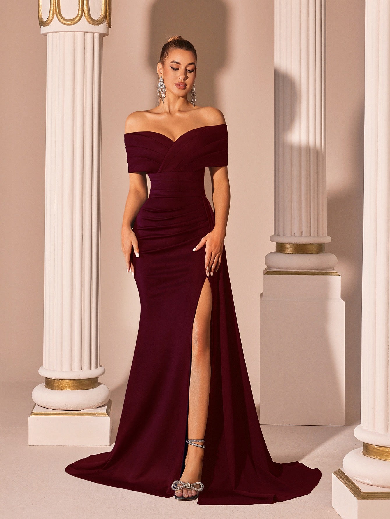 New One-Shoulder Satin Solid Color Evening Dress Slim-Fitting Slit Fishtail Dinner Party Host Accessible Luxury Dress