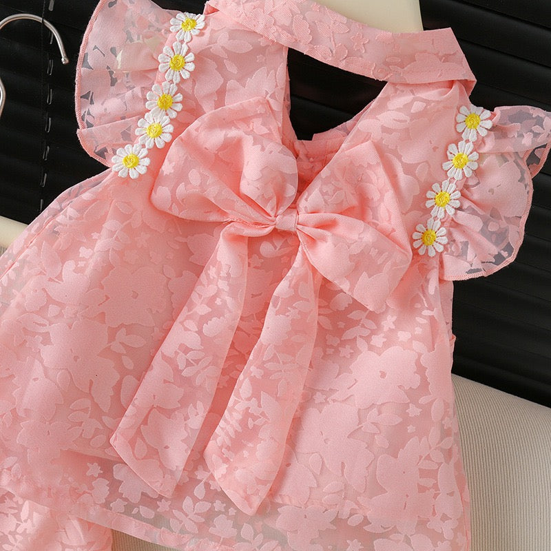 2-Piece Korean Style Single-Breasted Floral Lightweight Summer Dress Set for Girls with Delicate Flutter Sleeves