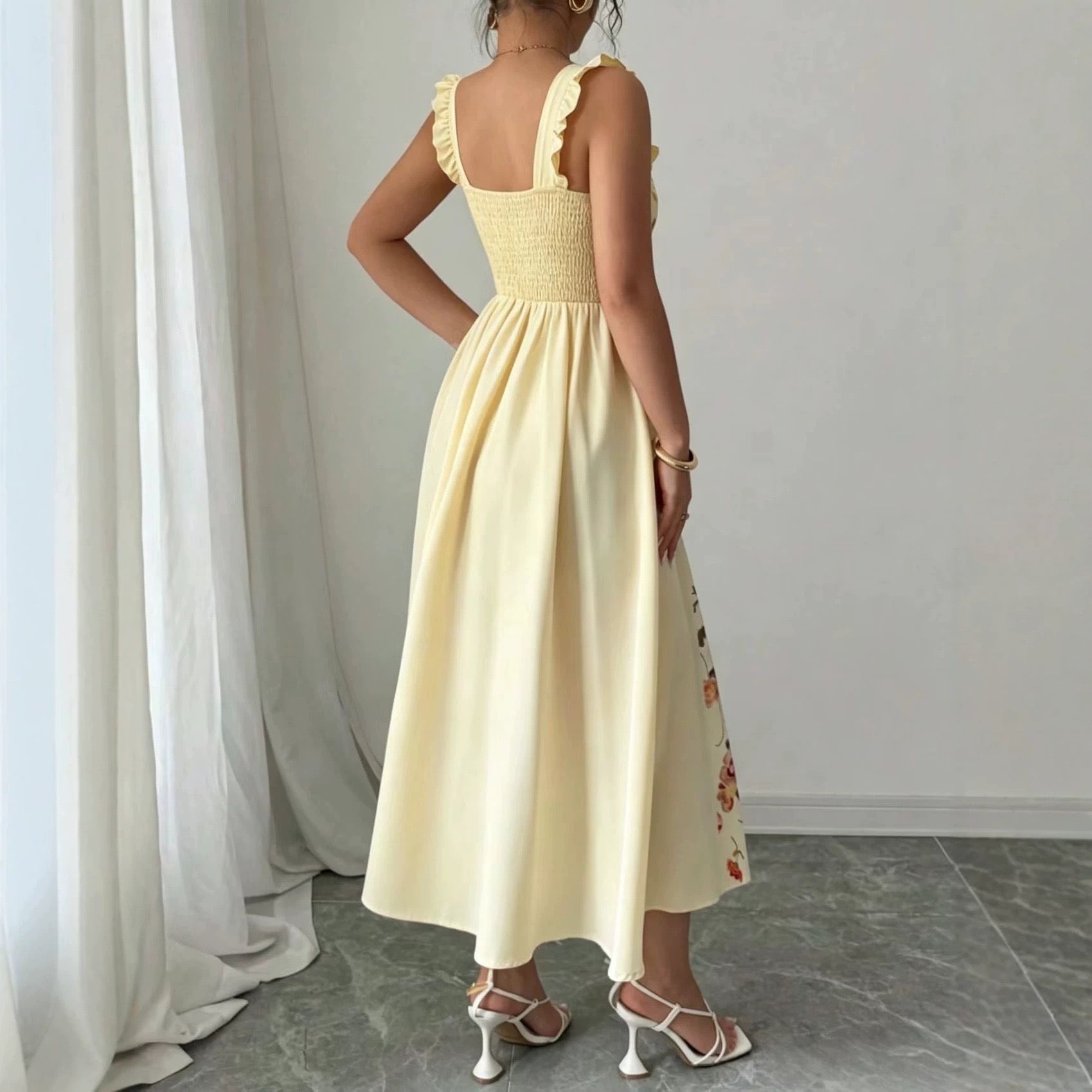 Amazon European and American Cross-Border New French-Style Waist-Cinching Elegant Floral Print Square-Neck Sleeveless Dress
