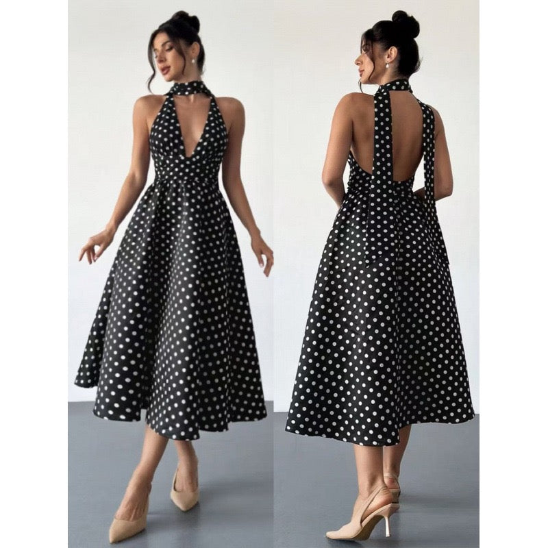 2026 Amazon European and American Cross-Border Trade Polka Dot Tie-Back Sexy Deep-Neck Backless Long Dress