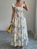 French Square Neck Dress, Waist Long Skirt, European and American Cross-Border New Summer Style