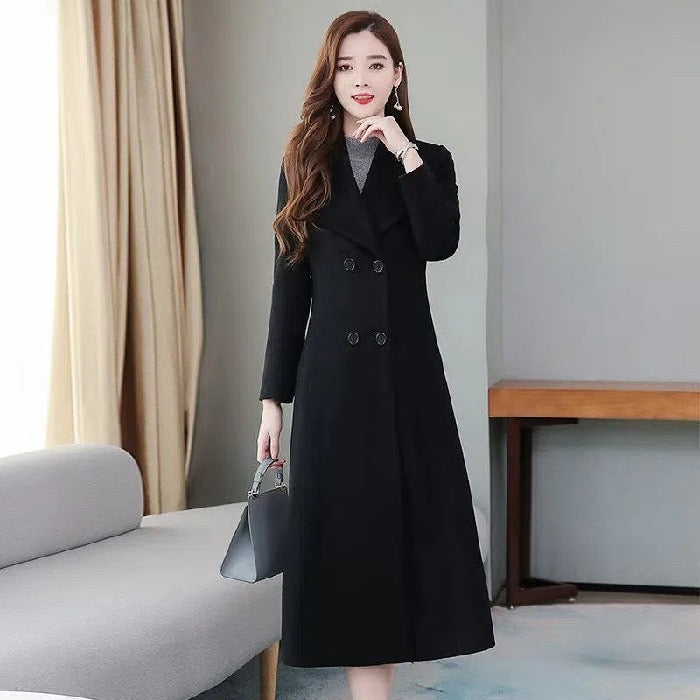 Windbreaker 2024 Spring and Autumn new woolen coat for women over the knee thickened large size lapel super long slim waist coat