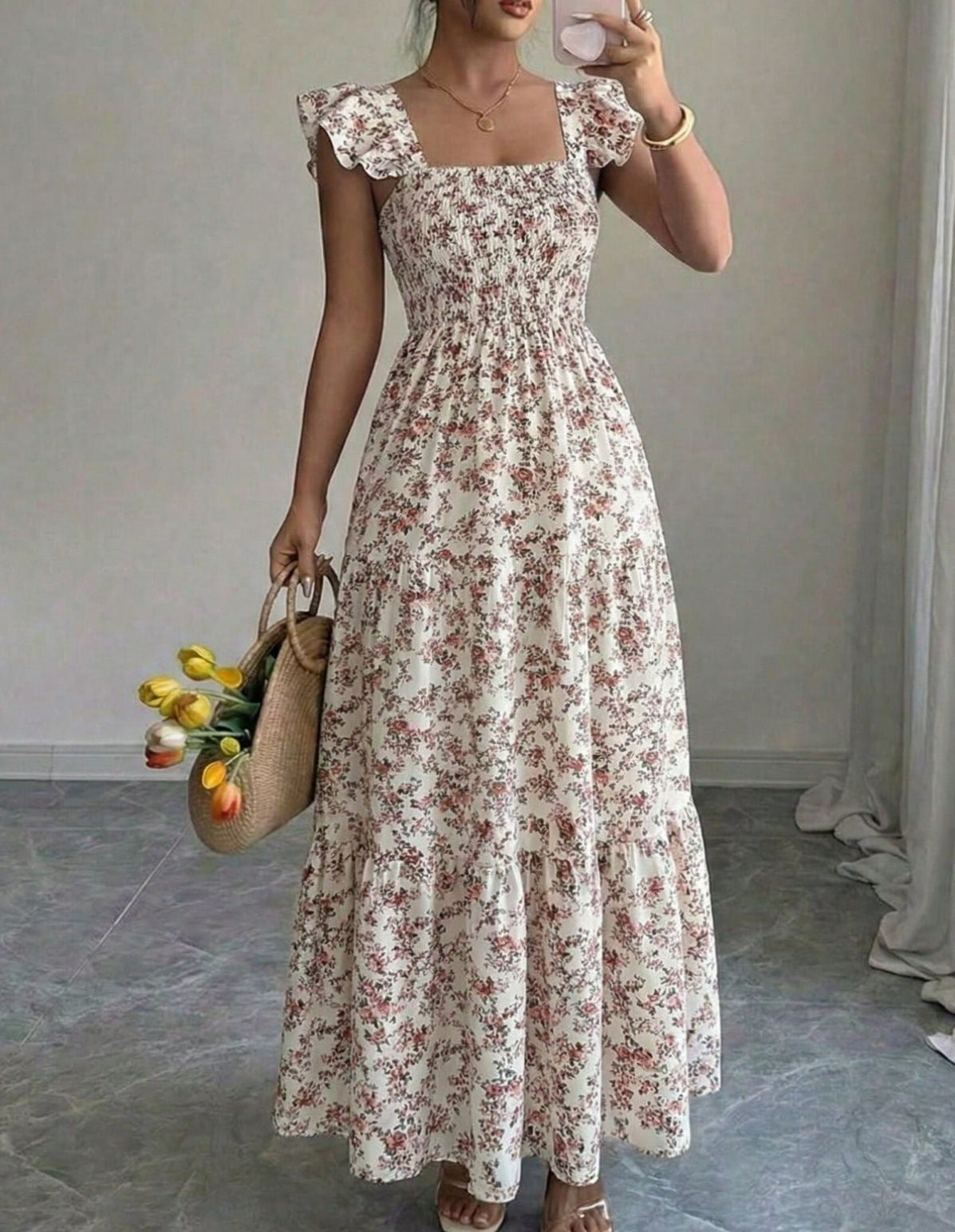 French Square Neck Dress, Waist Long Skirt, European and American Cross-Border New Summer Style