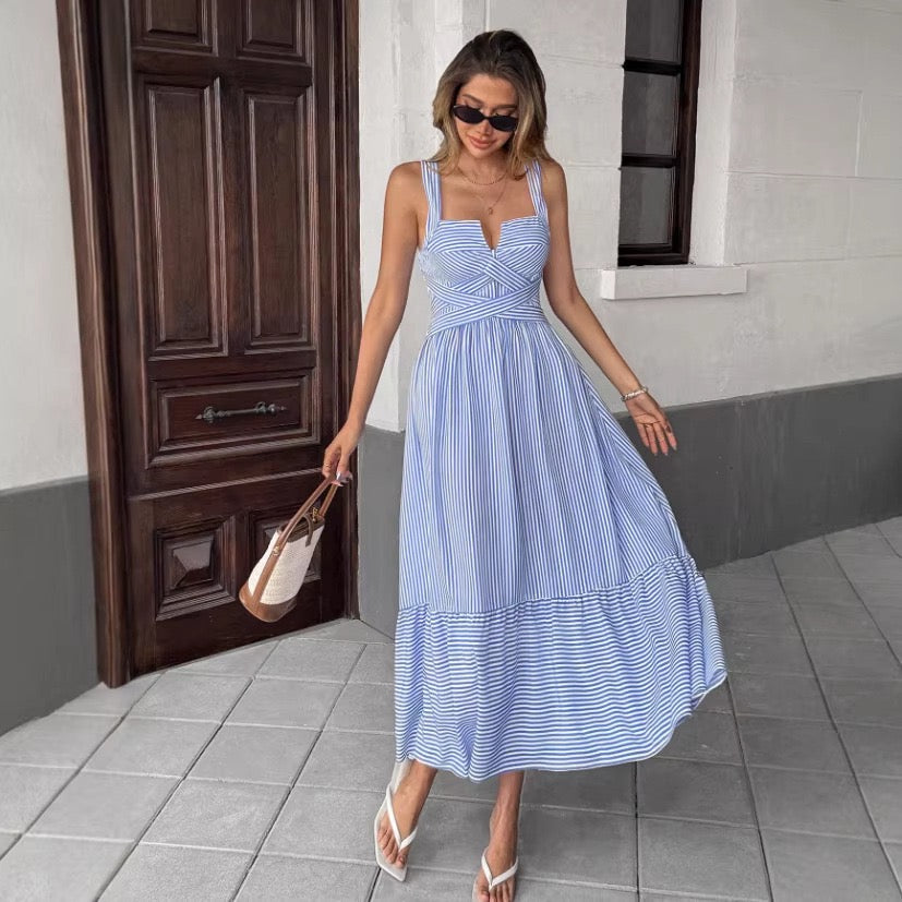 In-Stock 2025 Summer European and American Foreign Trade Amazon Cross-Border Women's V-Neck Striped Strap Dress