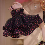 New summer style for girls: purple floral princess dress, fashionable black tulle floral sleeveless halter dress with puffy hat.