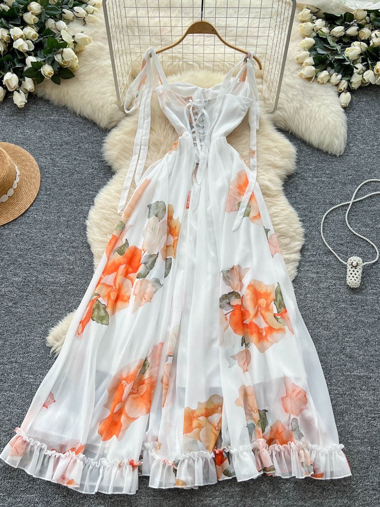 French Vacation Wear Dress for Women, Summer Design, Thoughtful Slit, Waist-Cinching, Elegant Suspender Printed Long Skirt