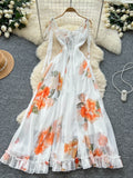 French Vacation Wear Dress for Women, Summer Design, Thoughtful Slit, Waist-Cinching, Elegant Suspender Printed Long Skirt