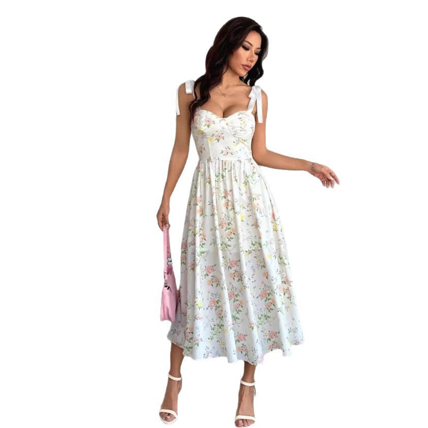 French-Style Gentle Holiday Style Sweet Girl Floral Suspender Dress Summer New Style Waist-Slimming High-End Dress Long Dress