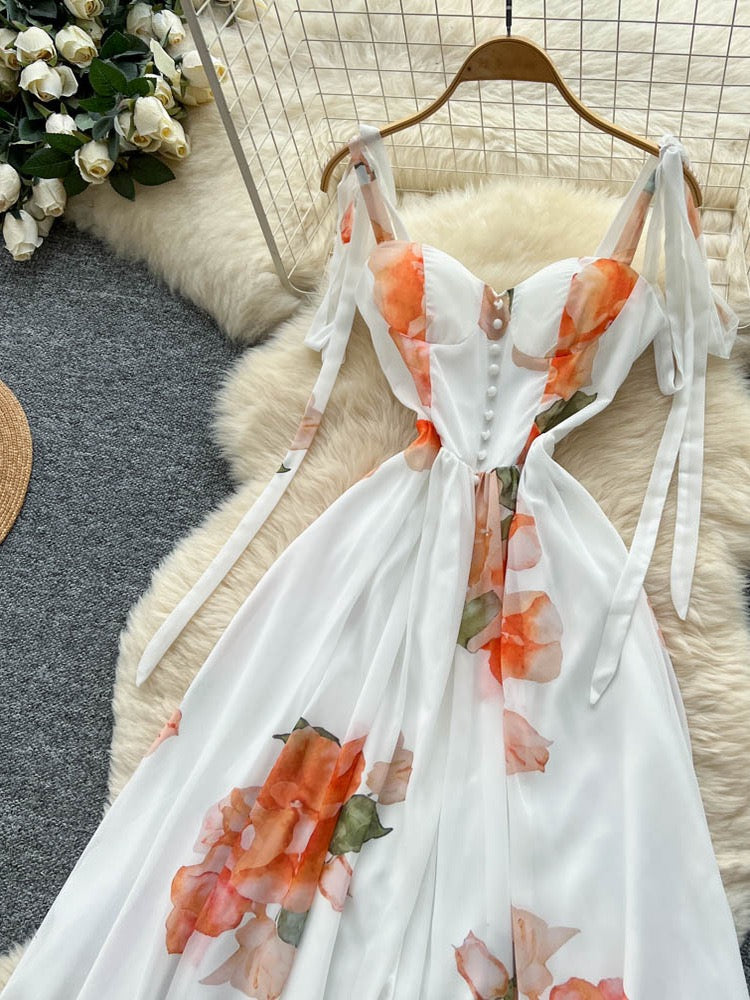 French Vacation Wear Dress for Women, Summer Design, Thoughtful Slit, Waist-Cinching, Elegant Suspender Printed Long Skirt