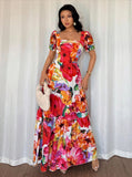 2025 European and American Retro Printed Patchwork Long Dress, Fashionable Holiday Date Elegant Square-Neck Long Dress