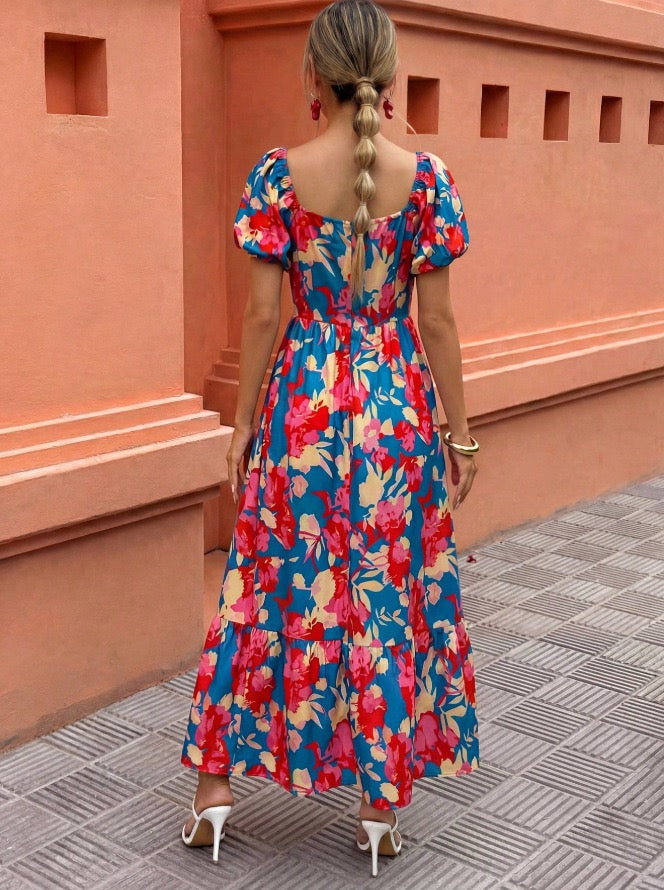 AliExpress Cross-Border Amazon New Beach Vacation Style Puff Sleeve Dress Women's European and American Floral Print High Waist