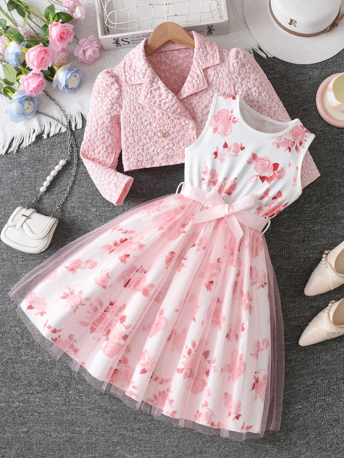 Cross-Border Girls Two-Piece Sky Blue Floral Jacket Rose Print Mesh Dress Princess Style