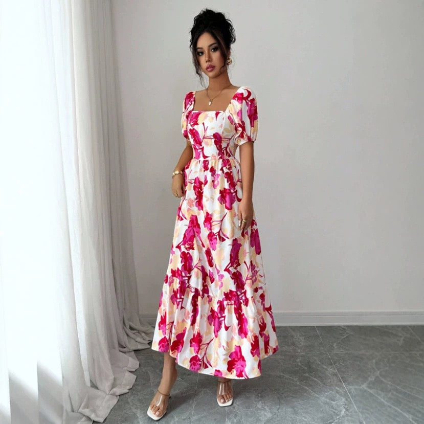 AliExpress Cross-Border Amazon New Beach Vacation Style Puff Sleeve Dress Women's European and American Floral Print High Waist