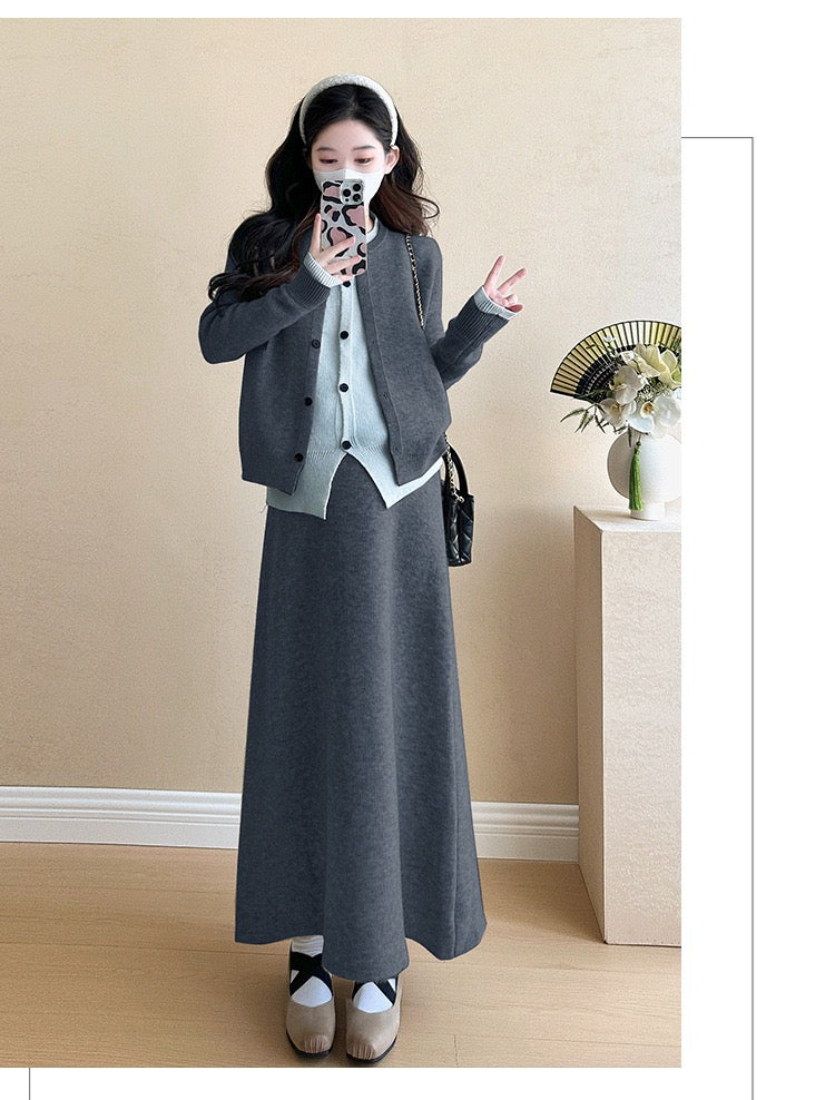 Pregnant women autumn and winter fashion new contrast color stitching knitted sweater + mid-length skirt temperament slim two-piece set