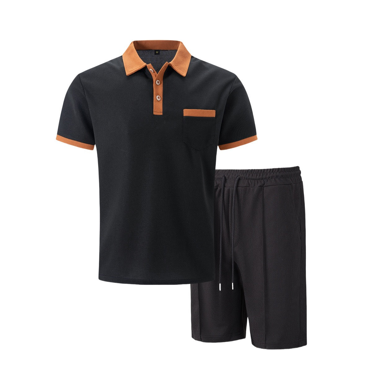 Amazon Cross-Border Summer New Men's Waffle Lapel Color-Blocked Chest Pocket Button Short-Sleeved Shorts Suit