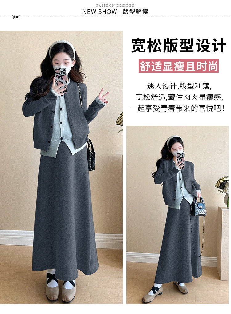 Pregnant women autumn and winter fashion new contrast color stitching knitted sweater + mid-length skirt temperament slim two-piece set