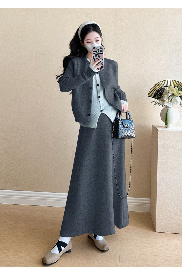 Pregnant women autumn and winter fashion new contrast color stitching knitted sweater + mid-length skirt temperament slim two-piece set