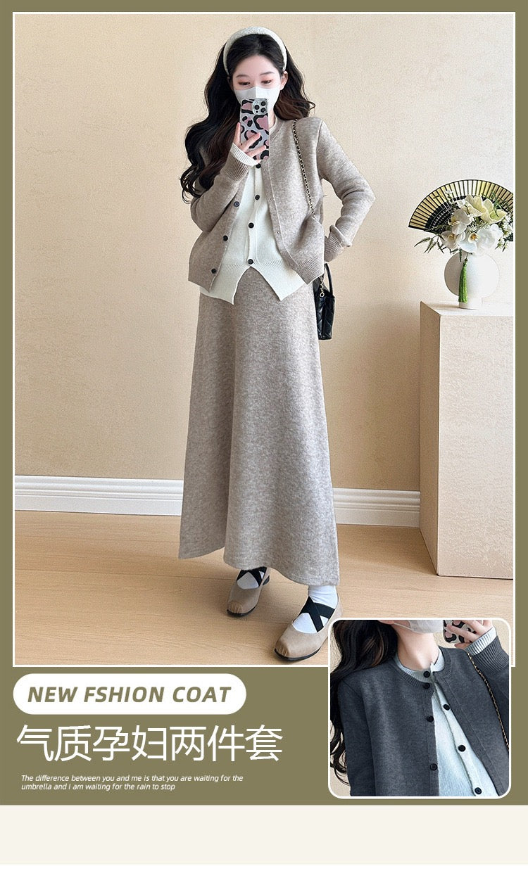 Pregnant women autumn and winter fashion new contrast color stitching knitted sweater + mid-length skirt temperament slim two-piece set