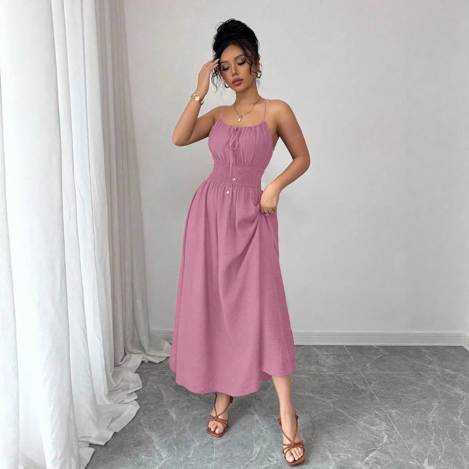 2026 Cross-Border European and American Amazon Design-Inspired Strapless Sleeveless Ruched Waist Solid Color Camisole Women's Dress