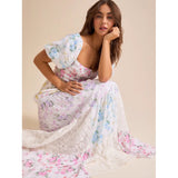 Tiktok Cross-Border European and American Style Spring and Summer New Puff Sleeve Printed Lace Tube Top with Pleated Flared Skirt Women's Clothing