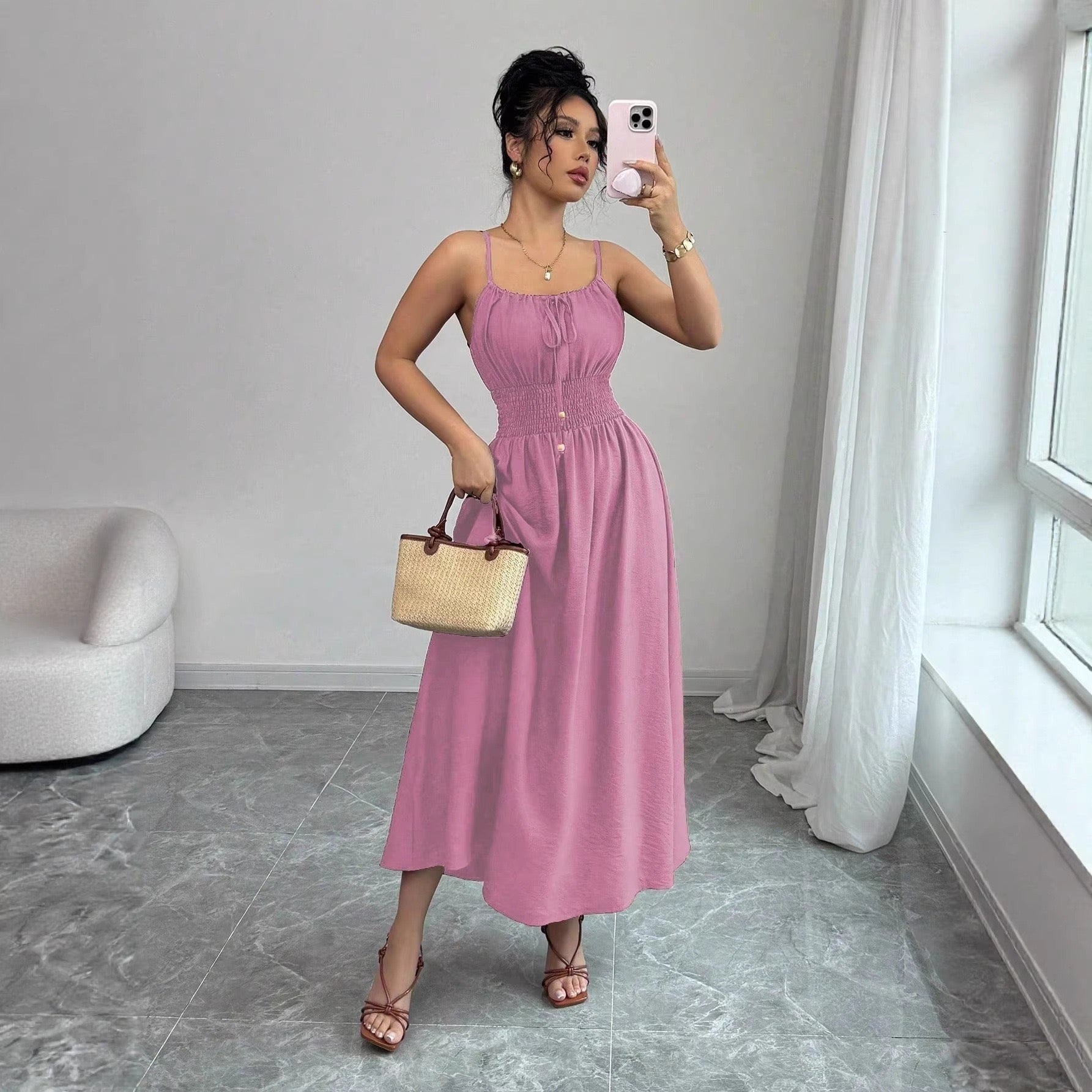 2026 Cross-Border European and American Amazon Design-Inspired Strapless Sleeveless Ruched Waist Solid Color Camisole Women's Dress