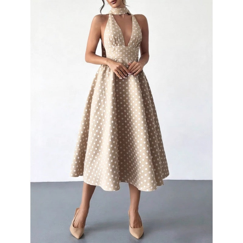 2026 Amazon European and American Cross-Border Trade Polka Dot Tie-Back Sexy Deep-Neck Backless Long Dress
