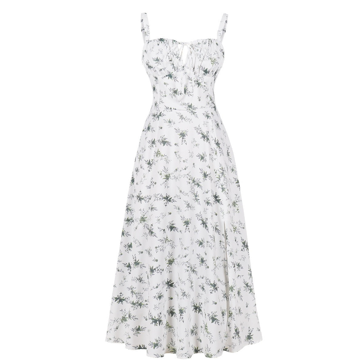 Printed Spaghetti Strap Dress with Corset Waist, Elegant Vintage Style, Wide Hem, Trendy Bestseller on Amazon