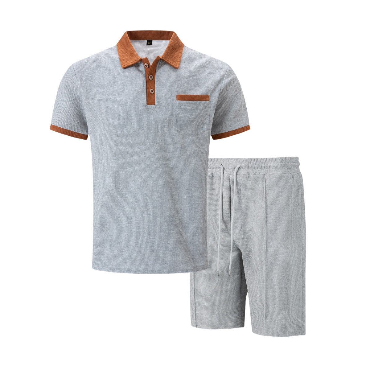 Amazon Cross-Border Summer New Men's Waffle Lapel Color-Blocked Chest Pocket Button Short-Sleeved Shorts Suit