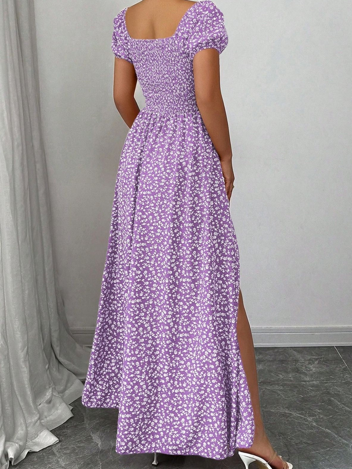 European and American Style Cross-Border Square Neck Puff Sleeve Floral Long Dress for Export