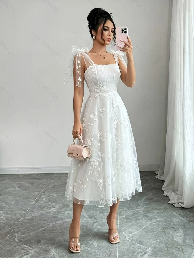 Women's New Summer Elegant and Romantic Midi Dress with Mesh Embroidery Fabric, Tie Waist, and Fitted Waist