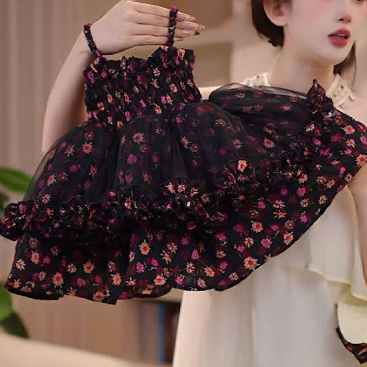New summer style for girls: purple floral princess dress, fashionable black tulle floral sleeveless halter dress with puffy hat.