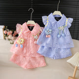 2-Piece Korean Style Single-Breasted Floral Lightweight Summer Dress Set for Girls with Delicate Flutter Sleeves
