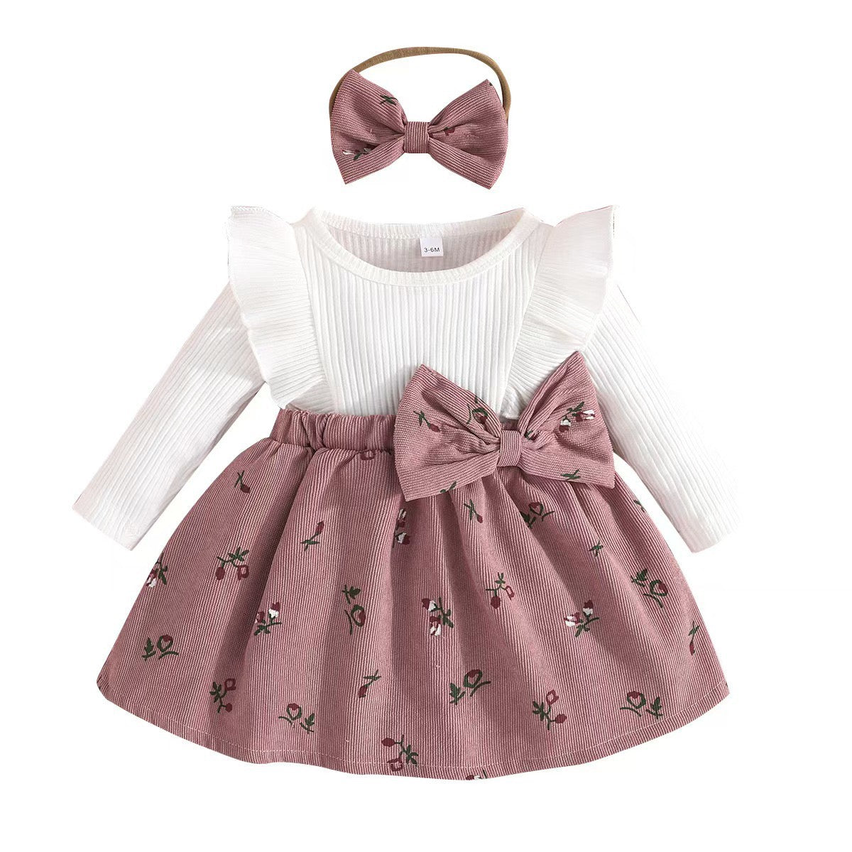 Children's clothingBaby girls print flying sleeves ruffles decorative bow 2 in 1 dress