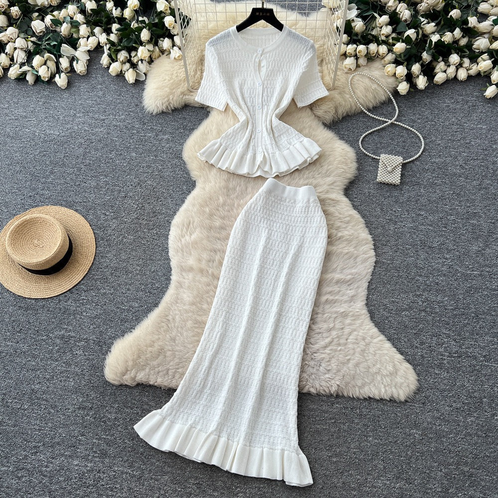 Korean-Style Knitted Ruffled Slim-Fit Two-Piece Set for Women, Summer Slim-Fit, Mature and Elegant Style, Workwear Outfit