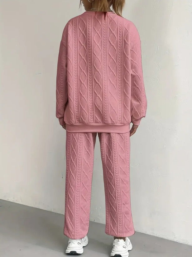 2025 Spring and Autumn Cross-border European and American New Women's Clothing Twist Splicing Long Sleeve Round Neck Top Cuffed Trousers Two-piece Set