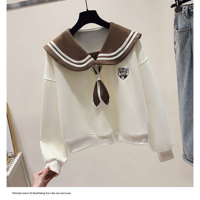 Fashion suit #contrast navy collar fake two-piece loose slim top with designer pocket casual pants