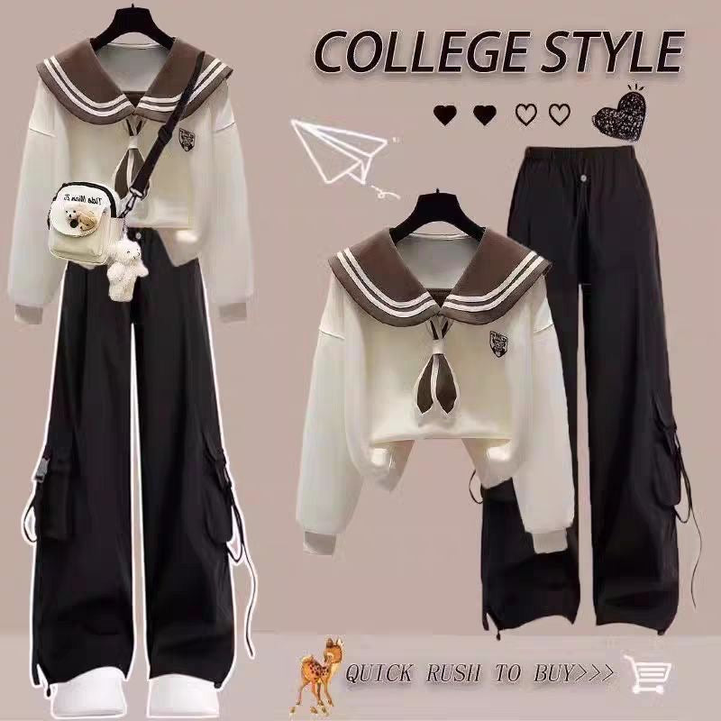 Fashion suit #contrast navy collar fake two-piece loose slim top with designer pocket casual pants