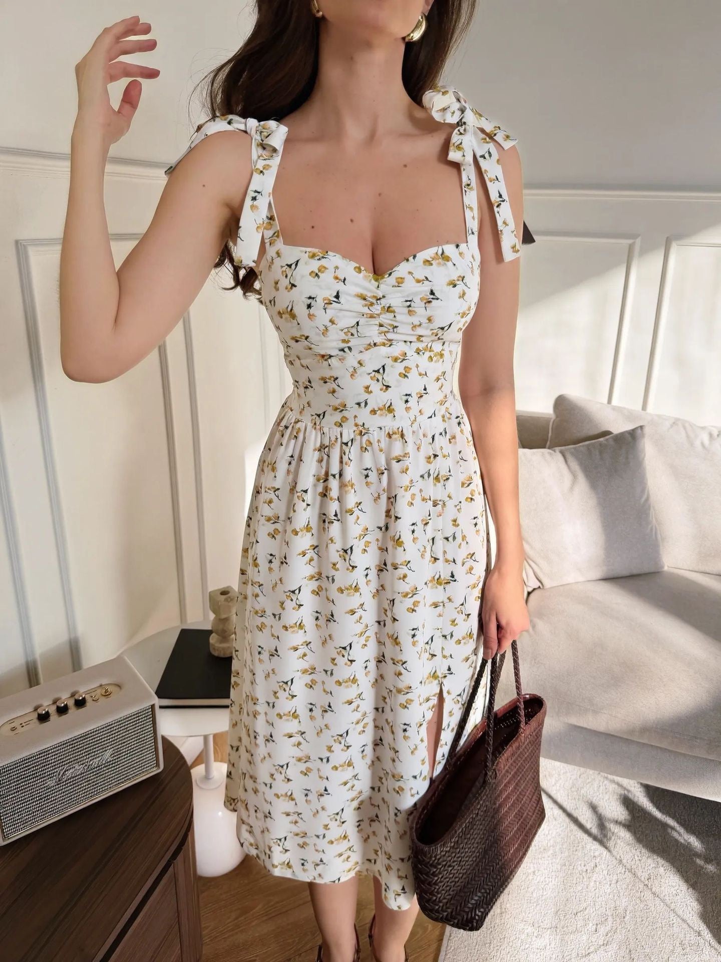2026 European and American style women's floral print sundress with tie, low-cut V-neck, and slit, elegant and sophisticated